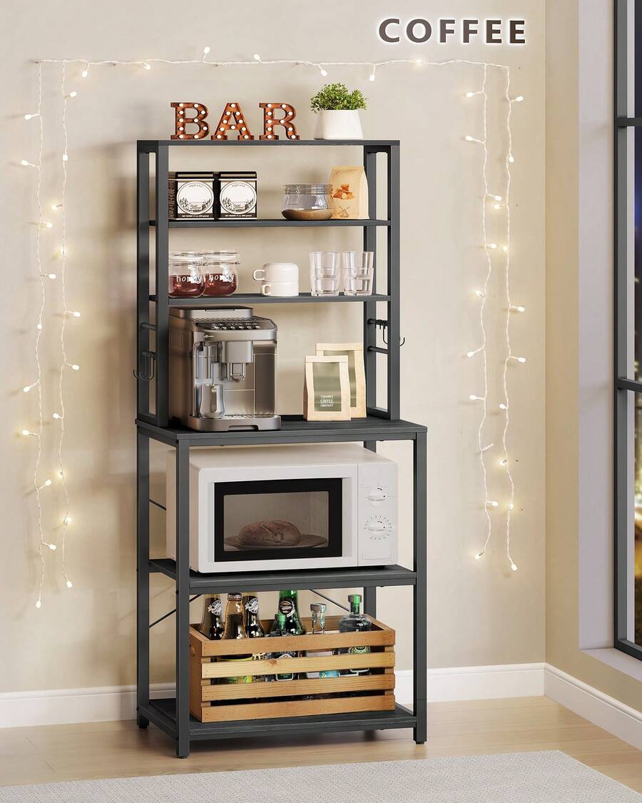VASAGLE Coffee Bar, Baker's Rack For Kitchen With Storage, 6-Tier Kitchen Shelves With 6 Hooks, Microwave Stand, Industrial, 15.7 X 23.6 X 65.7 Inches, Oak Color And White,Greige And Black,Rustic Brown And Black - màu đen - Xem 1