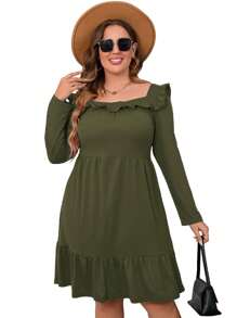 Women's Plus Size A Line High Waist Ruffle Square Neck Belted Long Sleeve Dress Midi Dress With Belted - 軍綠色 - 查看 1