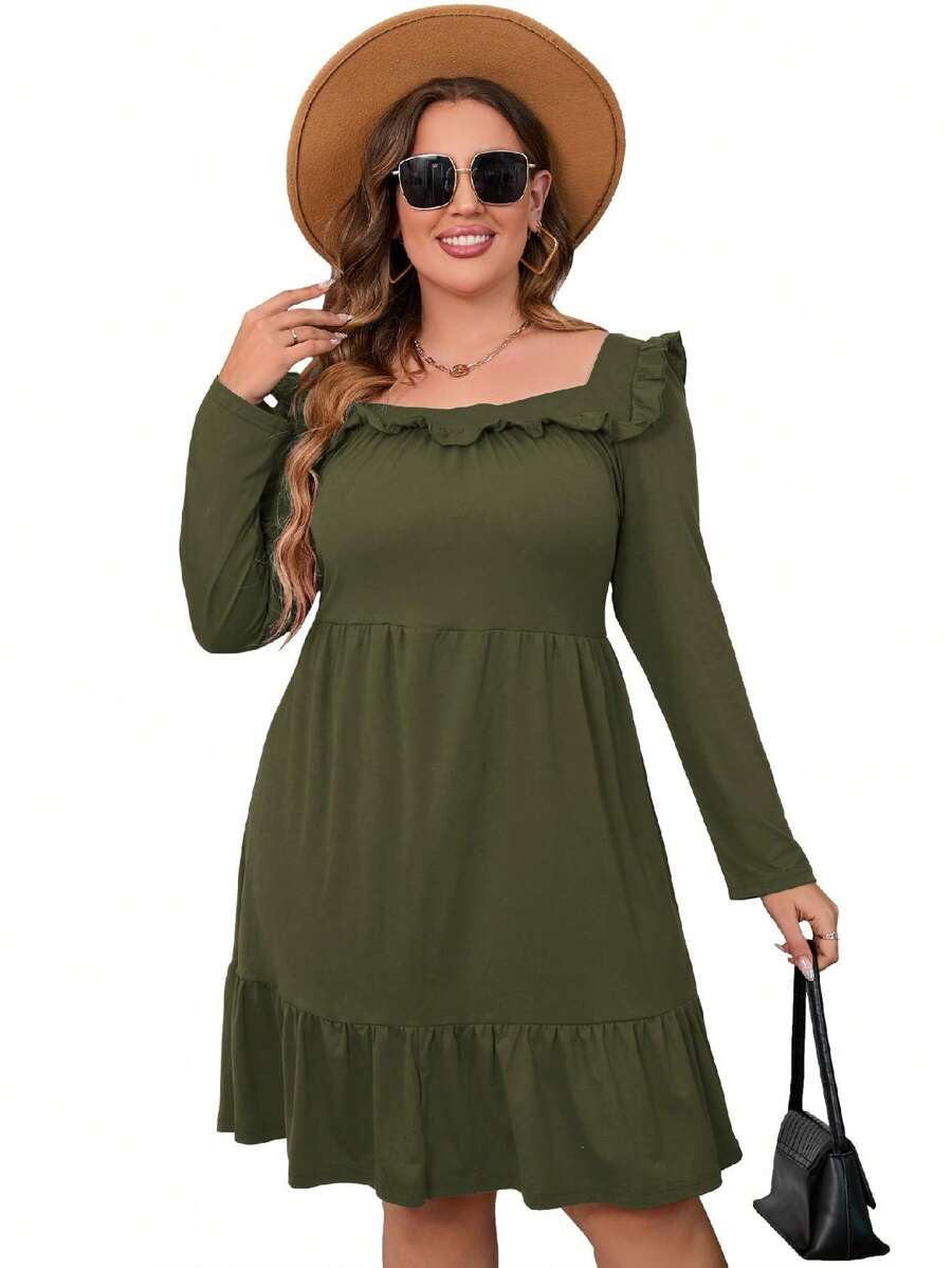 Women's Plus Size A Line High Waist Ruffle Square Neck Belted Long Sleeve Dress Midi Dress With Belted - 軍綠色 - 查看 1