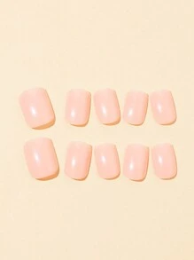 Add Some Romance - 24Pcs/Kit Short Square French Style Nude Shiny Full Cover Wearable Fake Nails Set With Jelly Glue & Nail File, Suitable For Women/Girls To Wear In Parties, Dances, And Various Daily Scenes Press On Nails Nail Supplies Nails