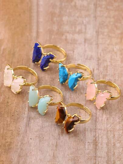 1 pieza Anillo de cristal color oro con piedras preciosas naturales de mariposa para mujeres, amatista, lapislázuli, cuarzo rosa, ajustable para compromiso H125