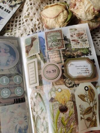 1 libro/20 hojas Pegatinas PET vintage con bordes decorativos de flores y botánica, material de etiquetas para hacer álbumes de recortes (scrapbooking) DIY