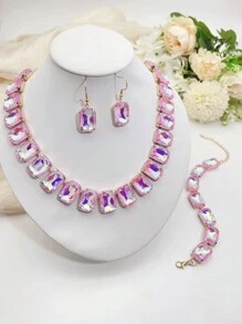 4pcs Artificial Crystal Fashionable Mocha Pink & Mocha Blue Earrings, Bracelet, Necklace Set For Women - Crystal Set - View 1