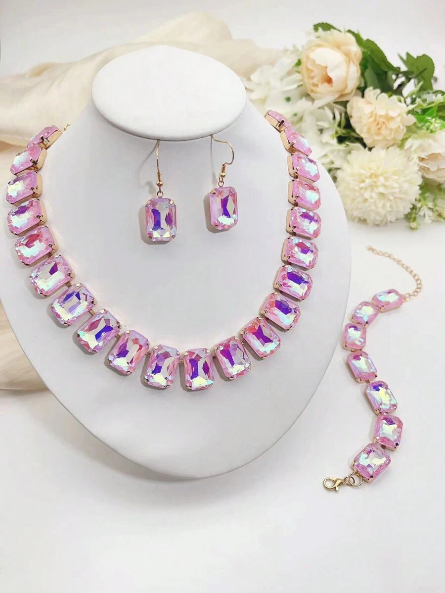 4pcs Artificial Crystal Fashionable Mocha Pink & Mocha Blue Earrings, Bracelet, Necklace Set For Women - Crystal Set - View 1