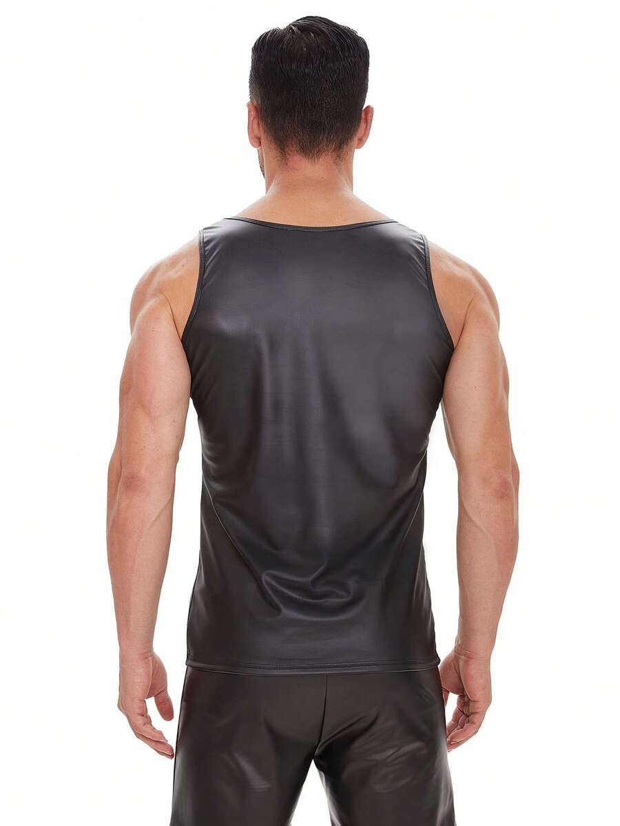 Plus Size Men Shiny Leather Tank Top Soft Matte Leather TShirts