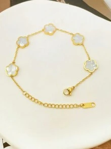 1 件时尚不锈钢花朵装饰链式手链，适合女士日常生活情人节、妈妈、母亲、母亲节、礼物 - 白色 - 查看 2