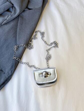 女士超小型迷你包，漆皮，亮面 PU，小方包，链条，斜挎包