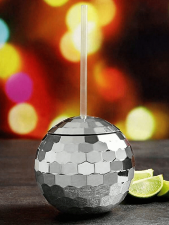 1 pieza Copa de bola de discoteca de 600 ml con tapa, pajita, perfecta para fiestas y regalos, vaso de cóctel con brillo