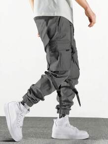 Men's Cool Hip-Hop Style Tied Waist Cargo Pants With Big Pockets And Elastic Cuffs - Dark Grey - View 2