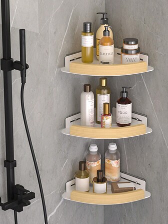 Modern Natural Wood Style Corner Shower Caddy, Bathroom Storage Rack, Wall-Mounted Bathroom Triangular Shelf, Bathroom Corner Organizer, For Living Room, Bedroom, Kitchen, Bathroom Decorative Storage Shelf, White/Black
