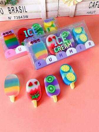 4入組可愛卡通甜品冰淇淋造型橡皮擦，隨機配色，非常適合學校用品及更正使用