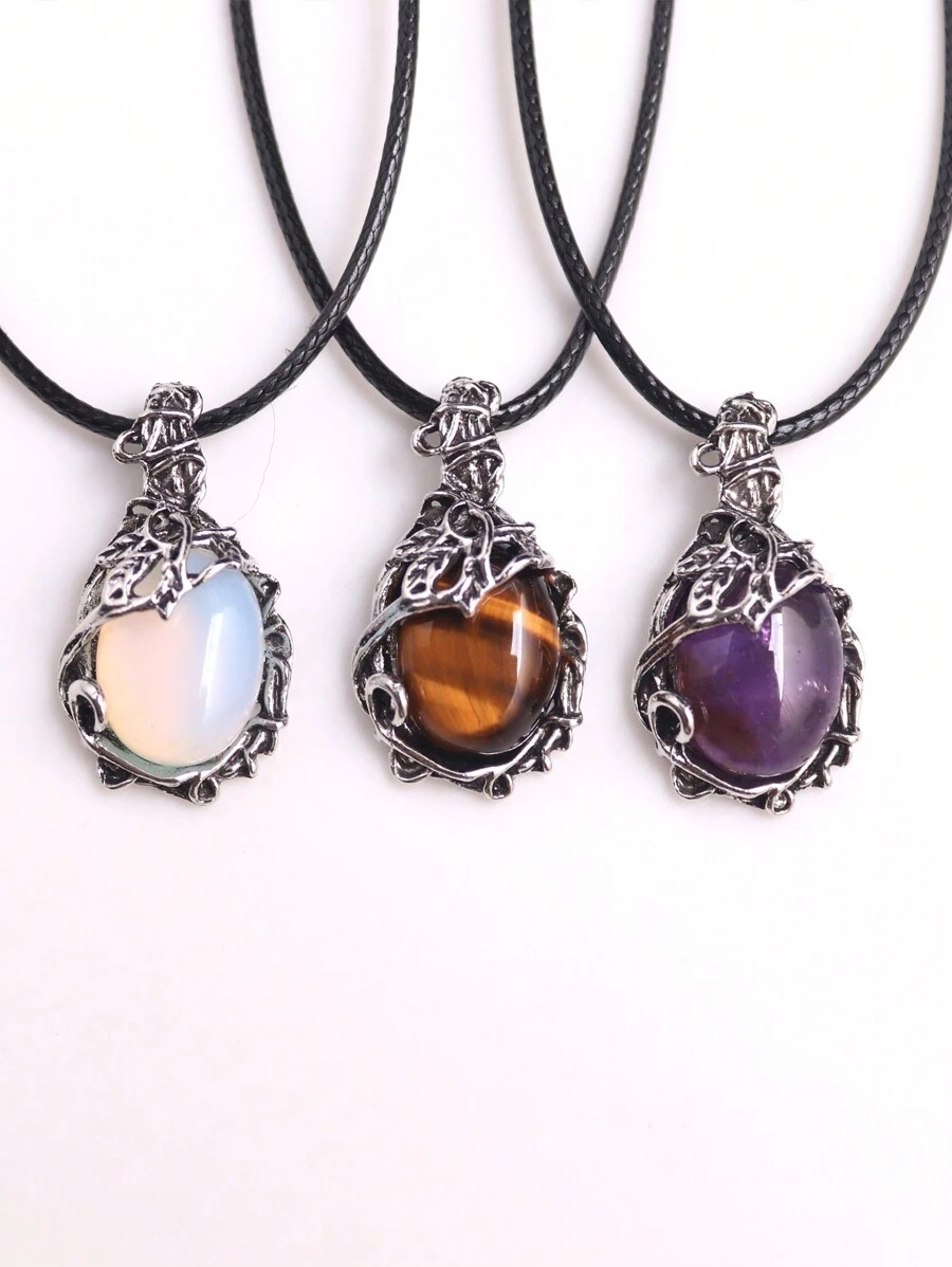 1入裝天然水晶石珠，復古葉子藤蔓線圈合金掛墜項鏈，治療能量波希米亞風格飾品