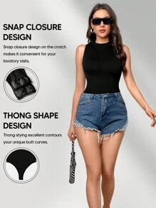 1Pc Women's Mock Neck Bodysuits Sleeveless Basic Tank Top Body Suit Shirts Suitable For All - Black - View 4