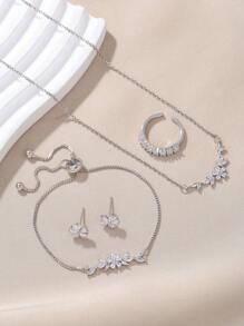 5pcs/Set Fashion Minimalist Floral & Leaf Zirconia Jewelry Set, Necklace, Bracelet, Ring, Earrings, Suitable For Party, Gift And Daily Wear