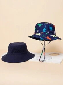 2pcs Children Solid Color Dinosaur Printed Chin Strap Sun Hat For Summer Beach Sunscreen Fishing - Navy Blue - View 3