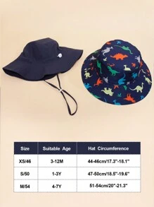 2pcs Children Solid Color Dinosaur Printed Chin Strap Sun Hat For Summer Beach Sunscreen Fishing - Navy Blue - View 5