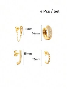 4 Pcs Gold Color Cubic Zirconia Chain Stud Earrings For Women Exquisite Zirconia Piercing Hoop Earrings Set Fashion Jewelry