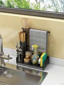 This Dishcloth Storage Rack Is Designed To Hold Multiple Dishcloths Or Towels, Keeping Your Kitchen Organized And Tidy. It Is The Perfect Storage Solution For Any Kitchen. The Dishcloth Storage Rack Is Not Just For Dishcloths. It Can Also Be Used To Store Kitchen Towels, Gloves, And Other Kitchen Essentials. It Can Be Used Stand-Alone Or Mounted On The Wall To Save The Minimal Amount Of Space In Your Kitchen. Made Of Sturdy Metal, It Ensures To Withstand The Test Of Time. The Surface Is Rust-Resistant And Aesthetically , Blending In Well With Any Kitchen Decor. - Black - View 4