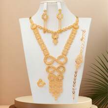 5pcs/Set Geometric Figure Number 8 Design Necklace Chain, Bib Necklace, Multi-Layer Necklace, 18K Gold Plated Copper Material, Thick And Heavy, Arabic/ Golden Color, Fashion French Romantic Luxury Dubai Style Bridal Wedding Party Gift For Couple, Mother, Sister, Festival Blessing, Women Jewelry Set