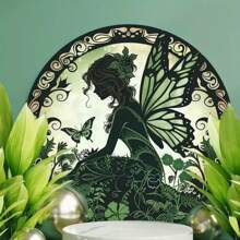 1pc 3D Visual Metal Round Floral Wreath Sign - 20.32 X 20.32 Cm 2D Flat Printing, Vintage Round Metal Plaque, Spring Goddess Theme Tin Sign - Waterproof & Weatherproof High Definition Print Wall Decor, Suitable For Home, Garage, Coffee Shop, And Restaurant Colored Window Hanging Decor, Garden Wall Art, Bathroom Wall Decor, Daycare Decor, Fashionable Room Decor, Mother's Day Or Father's Day Gift, Random Hole Position Style