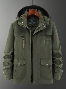 1pc Boyfriend Style Men's Letter Embroidered Multi-Pocket Casual Outdoor Sports Jacket With Detachable Hood, Windproof And Fashionable
