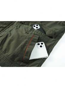 1pc Boyfriend Style Men's Letter Embroidered Multi-Pocket Casual Outdoor Sports Jacket With Detachable Hood, Windproof And Fashionable