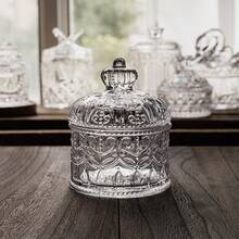 1pc Crystal Vintage Crown Candy Jar - Glass Storage Box - Jewelry Box - Sealed Jar - Sugar Cube Container - Embossed Lid - Transparent - View 1