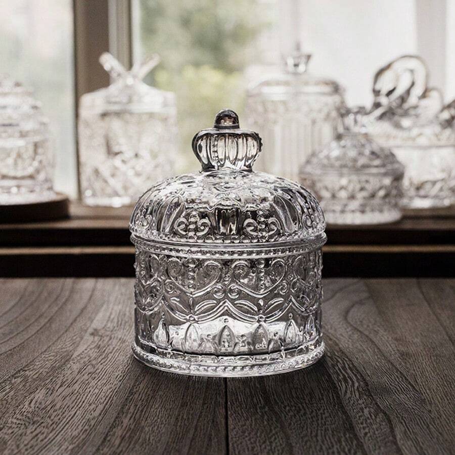 1pc Crystal Vintage Crown Candy Jar - Glass Storage Box - Jewelry Box - Sealed Jar - Sugar Cube Container - Embossed Lid - Transparent - View 1