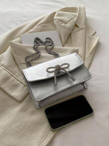 迷你时尚纯色可爱蝴蝶结小方包带链条单肩包，适合逛街，钱包，逛街，年轻女性，大学生，新人，白领。非常适合办公室，大学，工作，商务，通勤，户外，旅行和郊游 - 銀色 - 查看 6