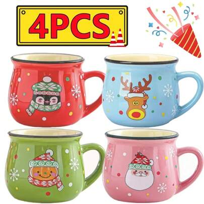 1/4 peças Mini Caneca de Desenho Animado Criativo Cerâmica Graffiti Papai Noel Alce Copos Presentes de Natal Leite Café Chá Copos de Água