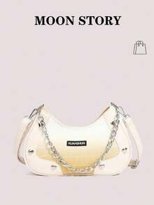 2024新款時尚鱷魚紋女士鏈帶肩袋，漸變字母新月形狀包，高端質感，流行時尚，可斜挎或揹斜挎包 - 黃色 - 查看 1