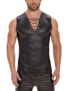 Plus Size Men Shiny Leather Tank Top Adjustable Soft Matte Leather T-Shirts Sleeveless Male High Elastic Shaping Vest