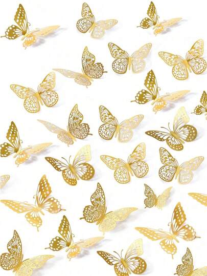 72 件 3D 蝴蝶墙贴，3 种尺寸蝴蝶装饰适用于派对、礼物、花束、蛋糕装饰、插花、房间装饰（金色，H 形）