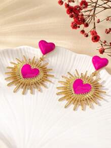 1 par de pendientes minimalistas con Charm geométrico en forma de gota de aceite y corazón, ideal como regalo de San Valentín, Día de la Madre - Rosa Fucsia - Ver 13