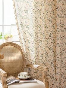 1pc Rustic Floral Curtain, Rectangular With Tassels Decor, Semi-Sheer Pole Top Curtain, Suitable For Bedroom, Living Room, Kitchen, Balcony, Patio, Study, Dining Room, Room Divider, Indoor Home Decor, All Season