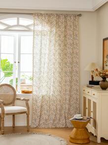 1pc Rustic Floral Curtain, Rectangular With Tassels Decor, Semi-Sheer Pole Top Curtain, Suitable For Bedroom, Living Room, Kitchen, Balcony, Patio, Study, Dining Room, Room Divider, Indoor Home Decor, All Season