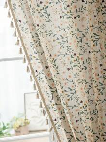 1pc Rustic Floral Curtain, Rectangular With Tassels Decor, Semi-Sheer Pole Top Curtain, Suitable For Bedroom, Living Room, Kitchen, Balcony, Patio, Study, Dining Room, Room Divider, Indoor Home Decor, All Season