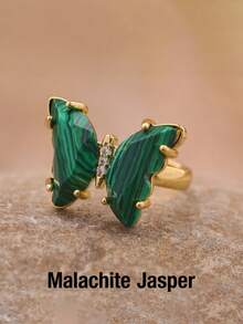 1枚金色水晶戒指，天然宝石蝴蝶戒指，女士款，紫水晶、青金石、粉晶，可调节订婚戒指 H125