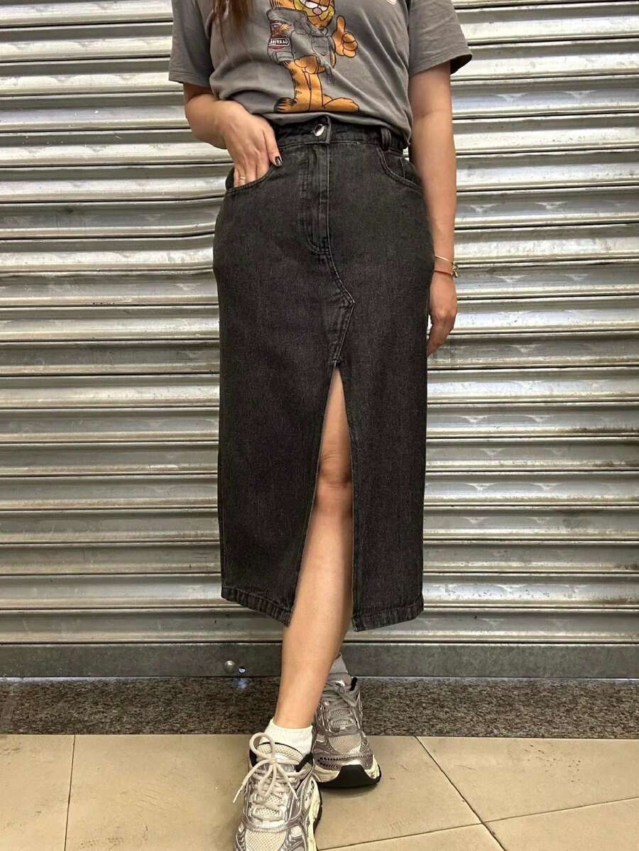 Women Denim Skirts - 深灰色 - 查看 1