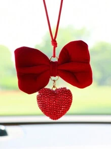 1pc Red Big Bowknot With Rhinestone Heart Car Hanging Decoration