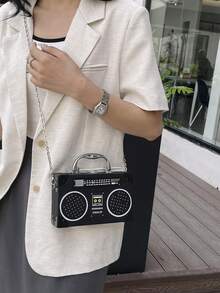 Bolso de cadena con forma de radio decorativo miniatura - Negro - Ver 2