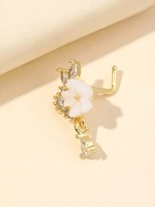 1pc Gold Color Crystal Embellished Fake Nose Piercing Clip-On Stud Nose Ring For Women, Daily Wear - L Type - View 4