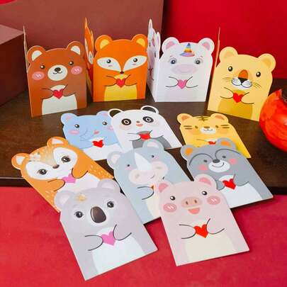 5pcs Original Cute Cartoon Animal Design Festival Greeting Cards, Flower Gifts, Birthday And Thank You Cards For Parents, Write Greetings, Random Style