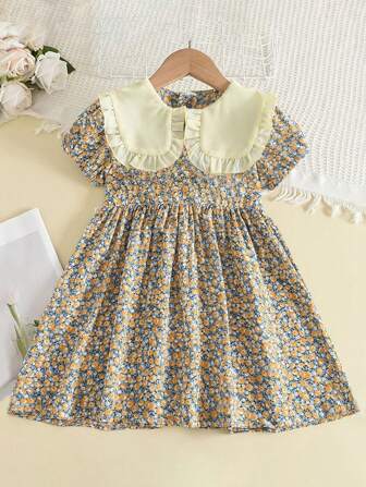 Young Girls' Ditsy Ditsy Collared Dress With College Style, Summer
