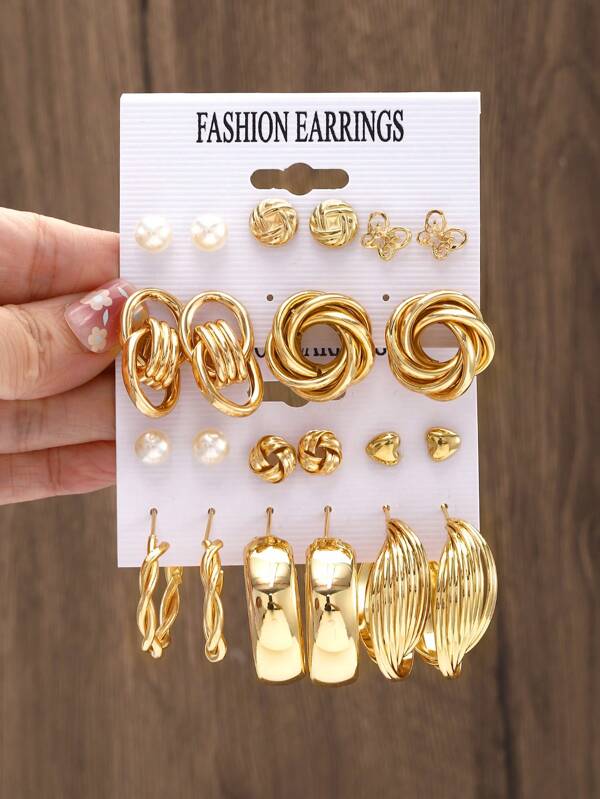 11pairs Gold-Color Geometric Zinc Alloy Earrings Set For Women, Daily Wear And Festival Gifts