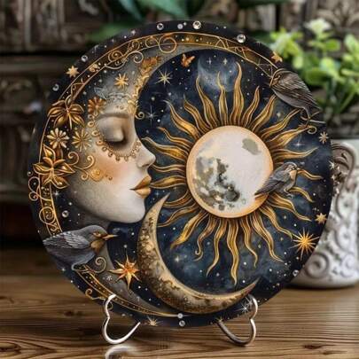 1 pezzo Decorazione da parete a tema sole e luna, in metallo 3D circolare, 20 x 20 cm, impermeabile e resistente al vento, stampa ad alta definizione, adatta per casa, garage, caffè, ristorante, decorazione da appendere a finestra, decorazione da parete per giardino, bagno, cameretta, camera alla moda, regalo perfetto per la Festa della Mamma o del Papà, posizione dei fori casuale