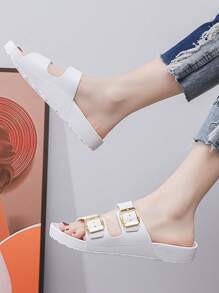 2025 New Thick Sole Non-Slip Double Buckle Beach Sandals, Casual Wedge Slippers For Women - White - View 8