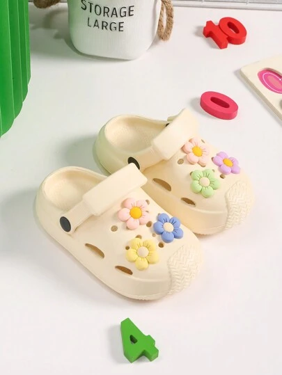 1 双女童镂空平底防滑凉鞋，可爱可变穿夏季沙滩鞋，DIY 彩色花朵儿童木屐