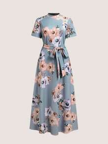 Vestido de cuello alto con estampado floral y cinturón  vestido elegantes para mujer moda. - Verde - Ver 10