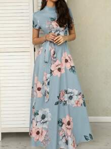 Vestido de cuello alto con estampado floral y cinturón  vestido elegantes para mujer moda. - Verde - Ver 6